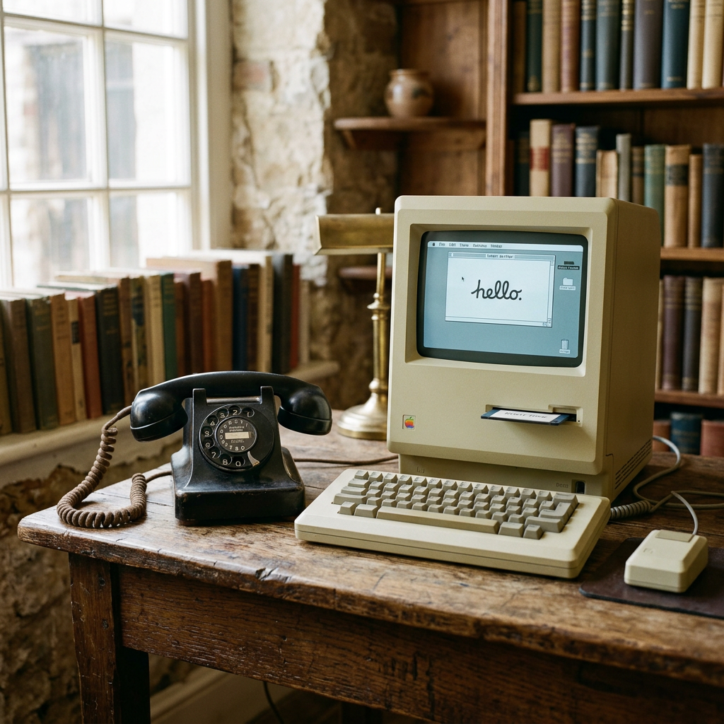 Vintage Macintosh computer displaying 'hello:' with a rotary telephone on wooden desk