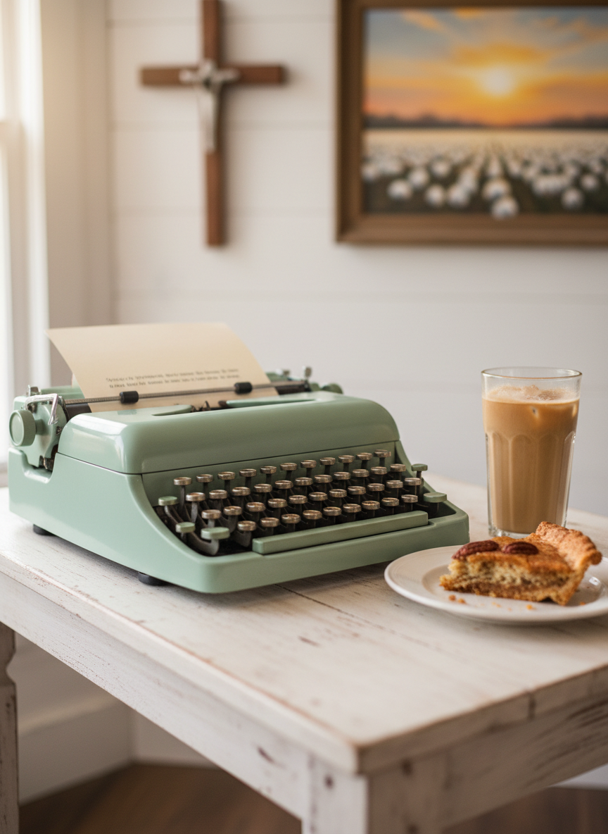 A close-up, photographic view of a vintage typewriter in soft mint green, keys slightly worn, sitting on a whitewashed farmhouse table. A freshly typed page emerges from the roller, bearing faint, unreadable lines that imply a humorous Southern story or devotional thought. Beside it, a small plate holds a half-eaten slice of pecan pie, crumbs scattered, next to a glass of iced coffee with swirling cream. In the softly blurred background, a white shiplap wall with a simple wooden cross and an old framed landscape of a Southern field sets the scene. Warm, diffused morning light from an unseen window illuminates the typewriter keys and creates gentle bokeh highlights, creating a playful, nostalgic, and faith-tinged atmosphere, captured from a three-quarter angle with shallow depth of field.