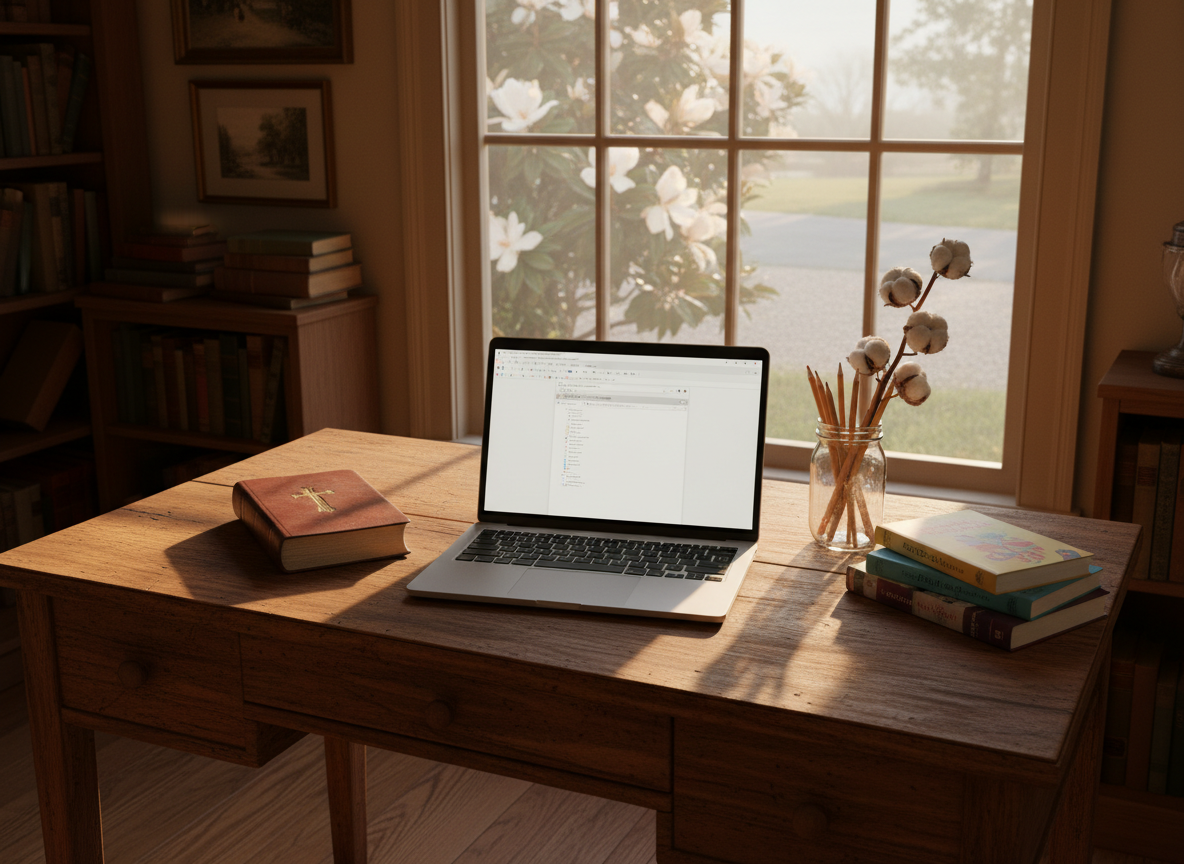 A sturdy wooden desk positioned near a large window in a cozy Southern study, with an open laptop displaying a blank document, framed by a worn leather-bound Bible and a small stack of humorous story collections with colorful, non-legible covers. A simple glass mason jar filled with sharpened pencils and a sprig of cotton stem adds regional character. Outside the window, hazy magnolia trees and a gravel driveway glow in late afternoon sunlight. The warm, golden light spills across the desk, highlighting the laptop keys and textured wood grain, while casting gentle shadows that suggest an unhurried writing session. Photographic realism, eye-level composition with rule-of-thirds framing, evokes a playful yet contemplative mood suited for weekly devotional writing and storytelling.