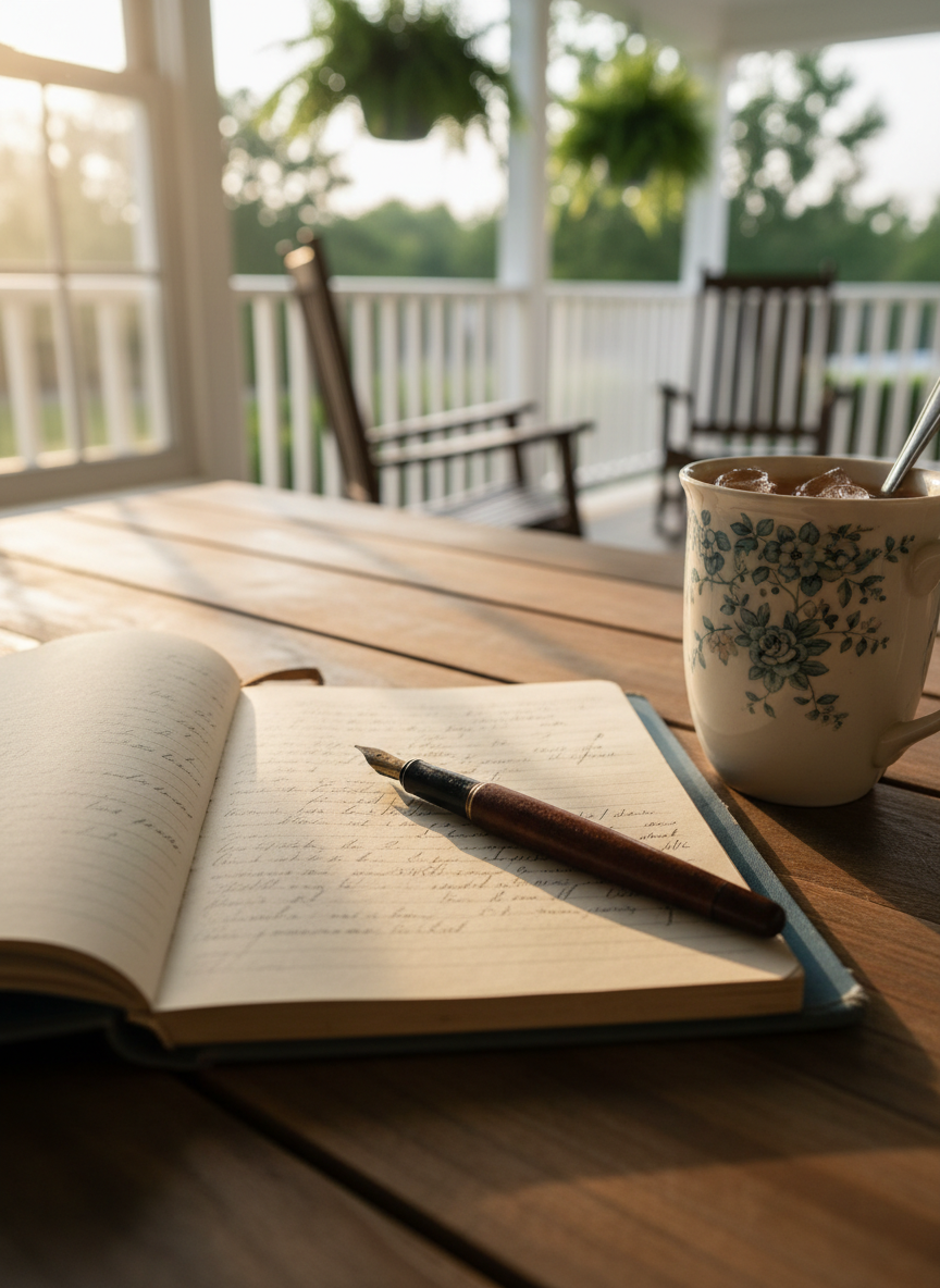 A weathered spiral notebook lying open on a rustic wooden farmhouse table, its cream-colored pages filled with faint, handwritten lines that suggest a heartfelt devotion in progress without being legible. A well-used fountain pen rests across the margin, beside a ceramic mug of sweet iced tea beaded with condensation. In the background, out of focus, a sunlit Southern porch with white railings and potted ferns hints at a slow, reflective morning. Warm golden-hour light pours through an unseen window, casting soft, elongated shadows and a gentle glow on the paper. Photographic realism, shot from a slightly elevated angle with shallow depth of field, creates an intimate, inviting mood that blends quiet spirituality with relaxed Southern charm, perfect for a writing-focused devotional blog header.