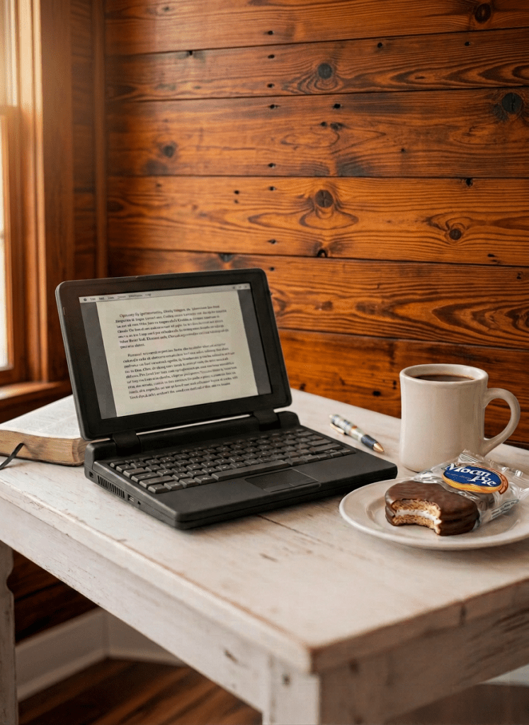 A close-up, photographic view of a vintage typewriter in soft mint green, keys slightly worn, sitting on a whitewashed farmhouse table. A freshly typed page emerges from the roller, bearing faint, unreadable lines that imply a humorous Southern story or devotional thought. Beside it, a small plate holds a half-eaten slice of pecan pie, crumbs scattered, next to a glass of iced coffee with swirling cream. In the softly blurred background, a white shiplap wall with a simple wooden cross and an old framed landscape of a Southern field sets the scene. Warm, diffused morning light from an unseen window illuminates the typewriter keys and creates gentle bokeh highlights, creating a playful, nostalgic, and faith-tinged atmosphere, captured from a three-quarter angle with shallow depth of field.